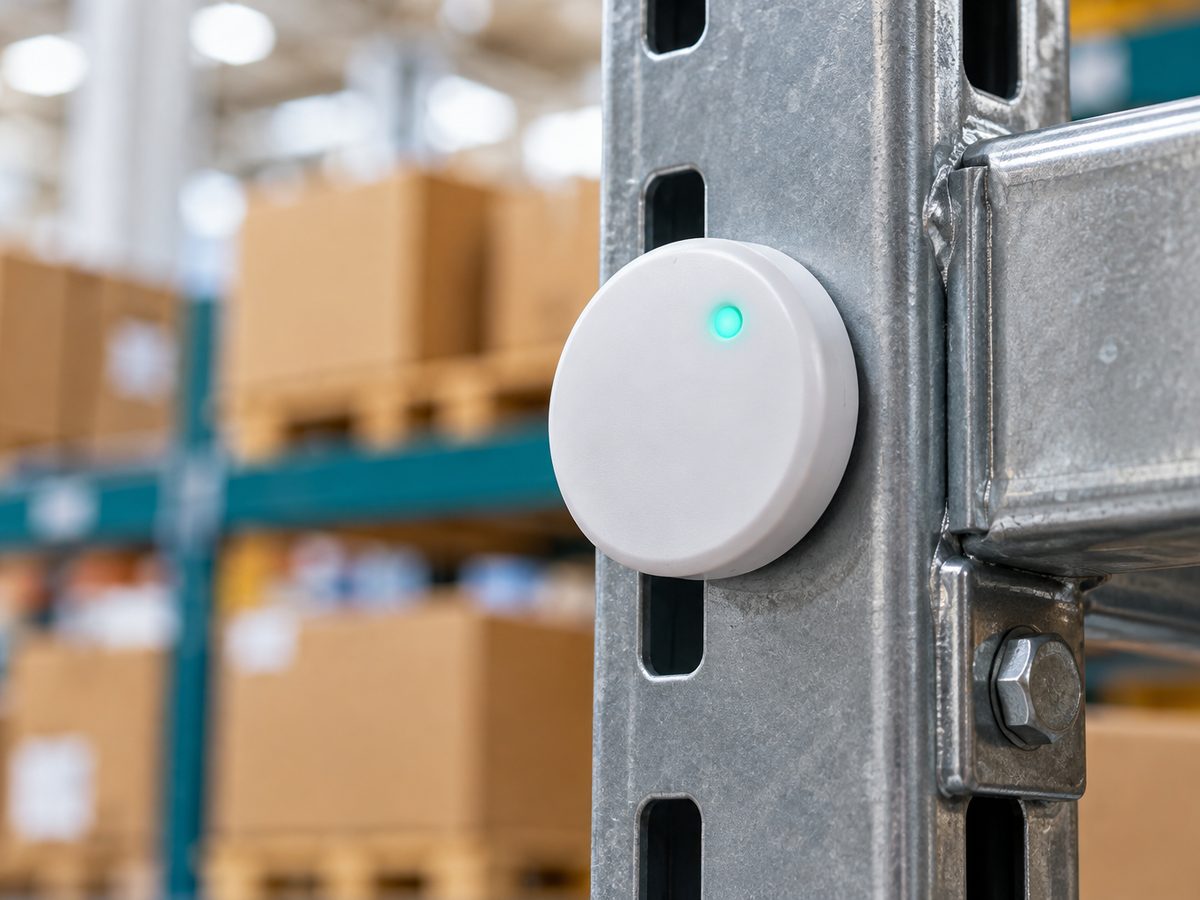 A small round white Bluetooth Low Energy beacon tag on a metal warehouse shelf bracket