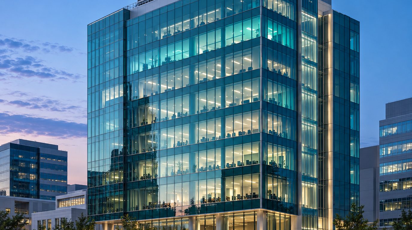 A glass commercial office tower at blue hour with rooftop plant equipment