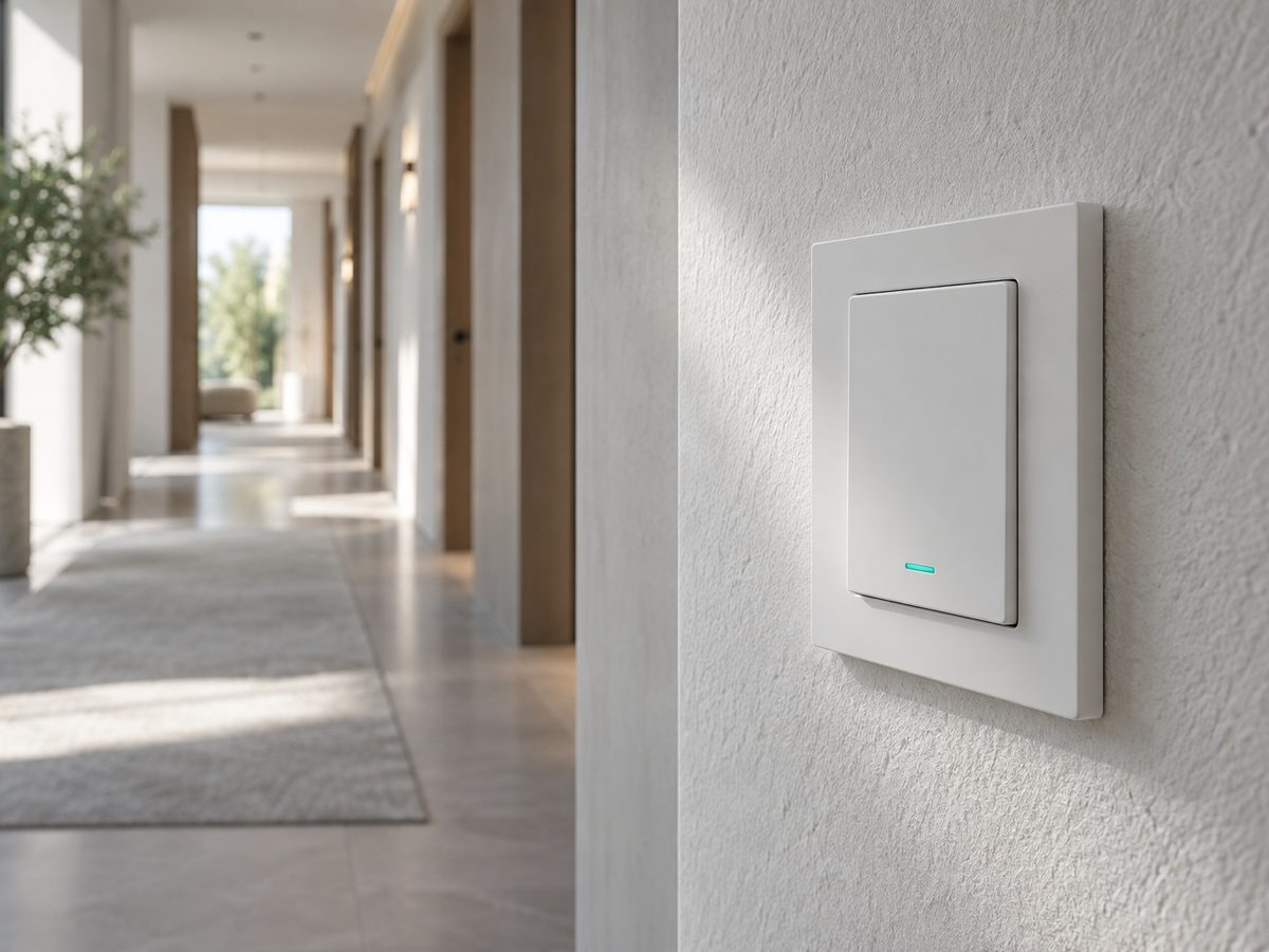 A white KNX smart wall switch panel on a light plaster wall in a hotel corridor