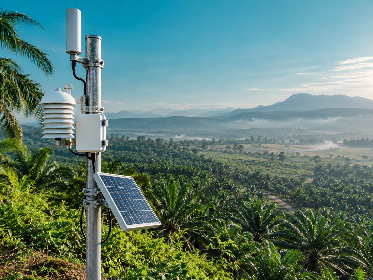 A white weatherproof LoRa sensor and small gateway antenna on a pole at the edge of a plantation