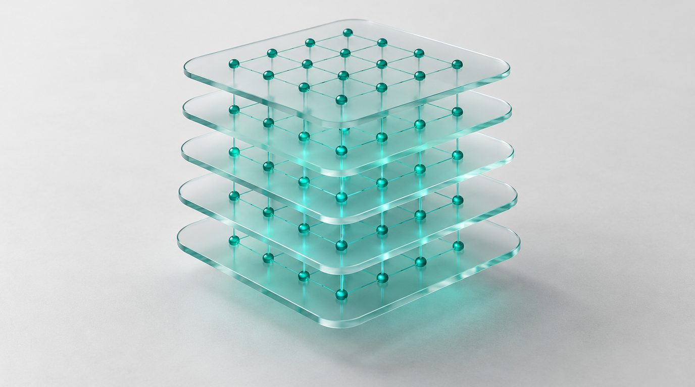 Stacked translucent layers carrying grids of small teal nodes, a picture of a structured data hierarchy